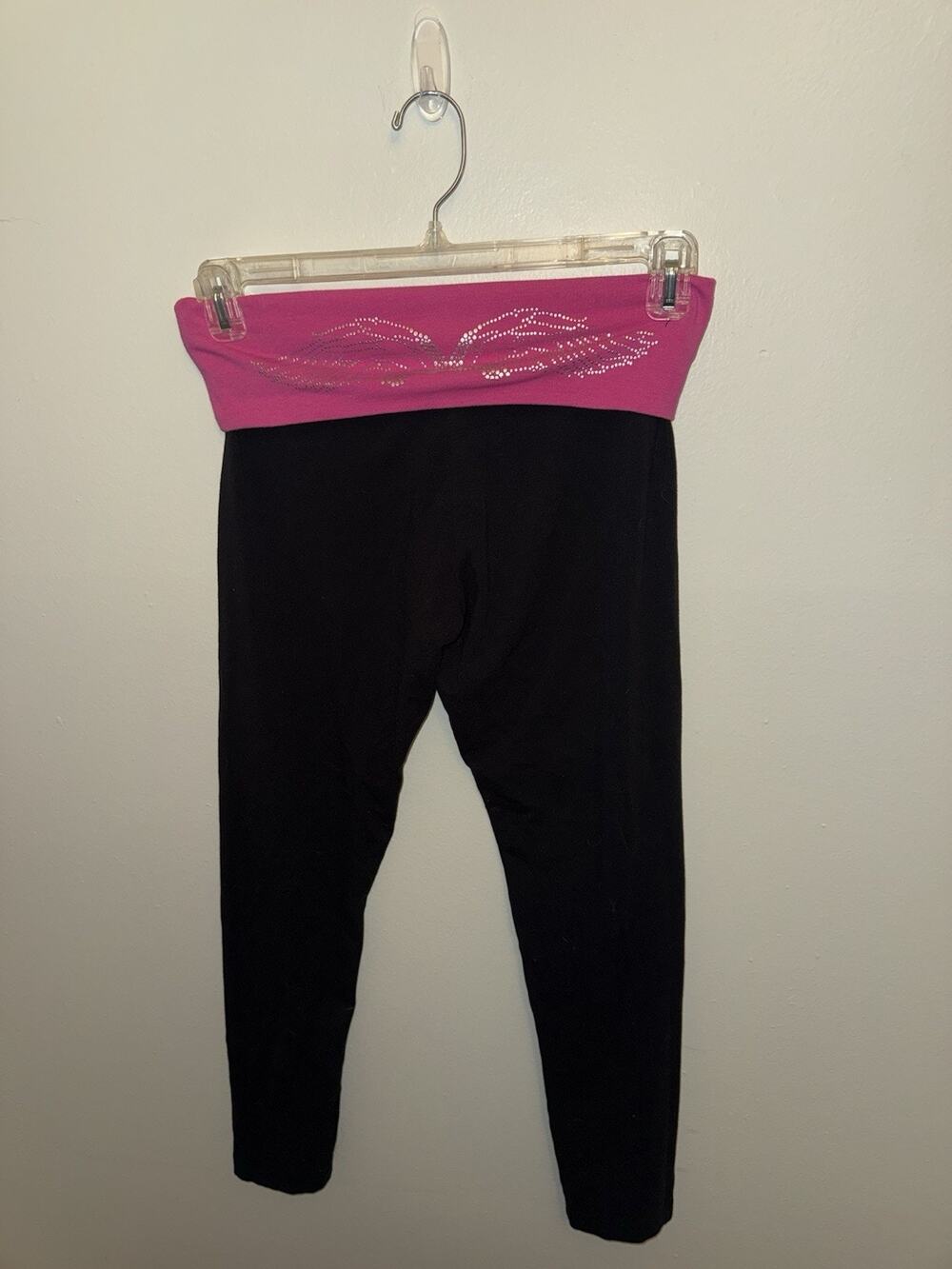 Vtg Y2K Joe Boxer Black Yoga Pants Pink Bling Angel Wings Rhinestone Medium